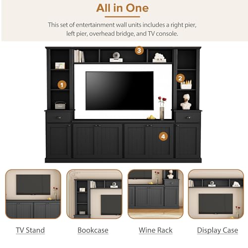 Modern TV Stand Set with Storage Cabinets, Drawers and Shelves, Large Wall Unit Set Entertainment Center, Media Console Table Set for TVs Up to 75", Black