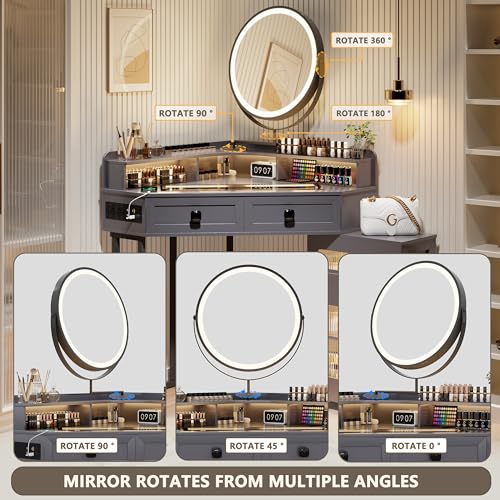 Corner Vanity with Mirror and Lights,Modern Makeup Vanity Set with Charging Station for Bedroom/Cloakroom,Glass Top Vanity Table with Drawers and Shelves,White