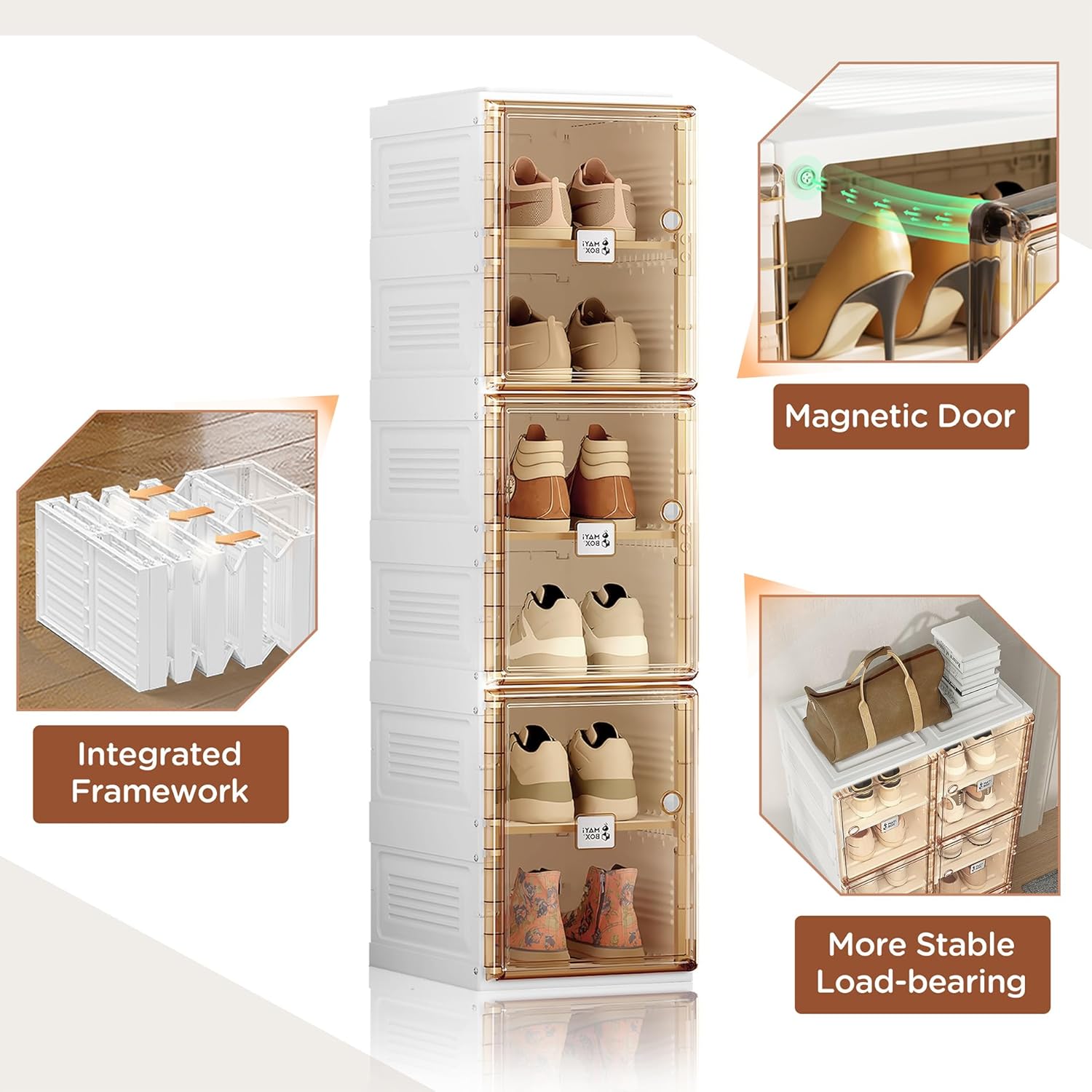 Shoe Organizer Storage Box, Portable Folding Shoe Rack for Closet with Magnetic Clear Door,Large Sneaker Cabinet Bins Sturdy Easy Assembly 10 Layers-20 Grids (Brown 8 Layers)
