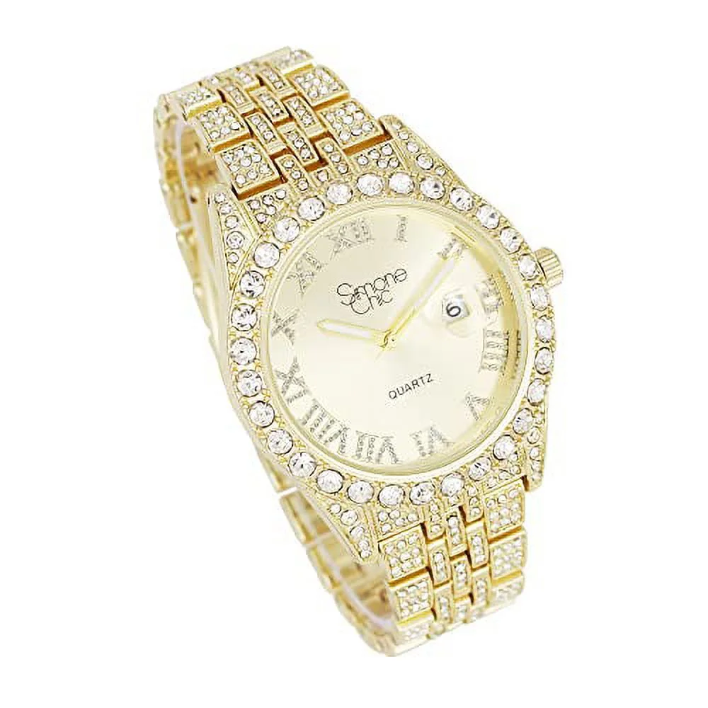 Simone Chic Fully Iced Out Diamond Watch for Women's w/Roman Numerals Easy Read Date and Colorful Dials- Designer Hip Hop Blinged Out Timepiece - ST10226RND-LA (ST10226RND-LA GLD)