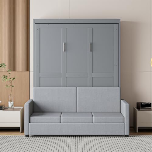 Polibi Full Size Murphy Bed with Loveseat Sofa, Wall Bed with Cushions, Horizontal Foldable Bed Frame, Grey