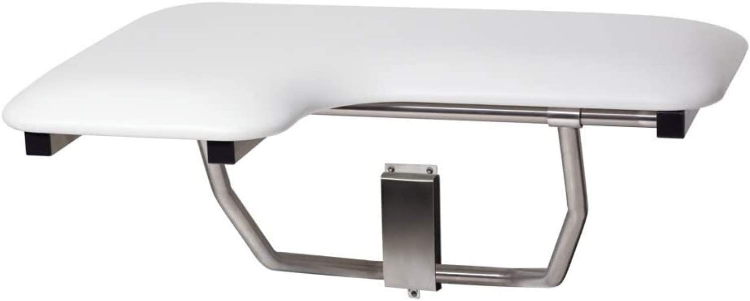 Seachrome Lift-Assist Shower Seat, L-Shaped Right-Hand, ADA, Wall Mount, 28" x 22.5", Padded White Naugahyde
