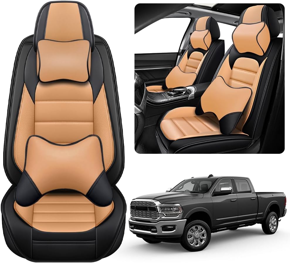 Leather Seat Covers fit 2010-2024 for Ram 3500 Crew Double Cab Quad Cab Laramie Tradesman, Waterproof Nappa Leather Pickup Seat Covers (2 Front Seat with Pillow, Black&Orange)