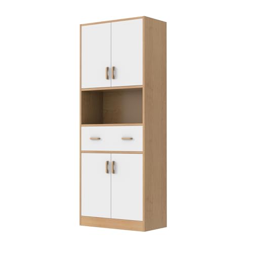 Oak and White Kitchen Pantry Cabinet, 70" Tall Kitchen Storage Cabinet with doors and drawer, Freestanding Wooden Storage Cabinet for Kitchen, Dining Room