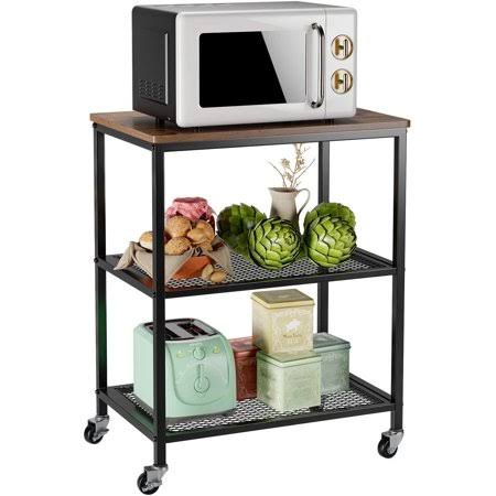 Cinak Industrial Serving Cart, 3-Tier Rolling Cart, Microwave Cart for Kitchen on Wheels with Storage, 2 Mesh Shelves and 2 Lock