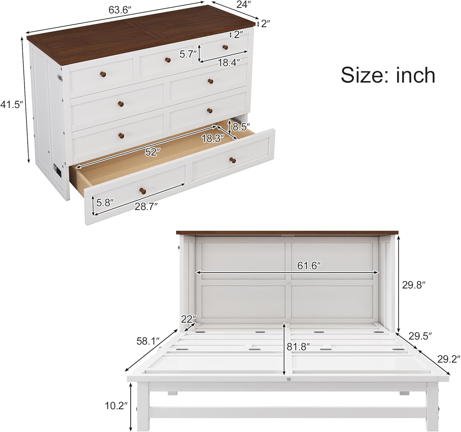 Queen Murphy Bed Queen Murphy Cabinet Bed with Storage Drawers, Murphy Bed with Charging Station, Wood Murphy Bed Cabinet Bed,Murphy Bed Chest Murphy Bed Frame Wall Bed for Guest Bedroom, White+Walnut