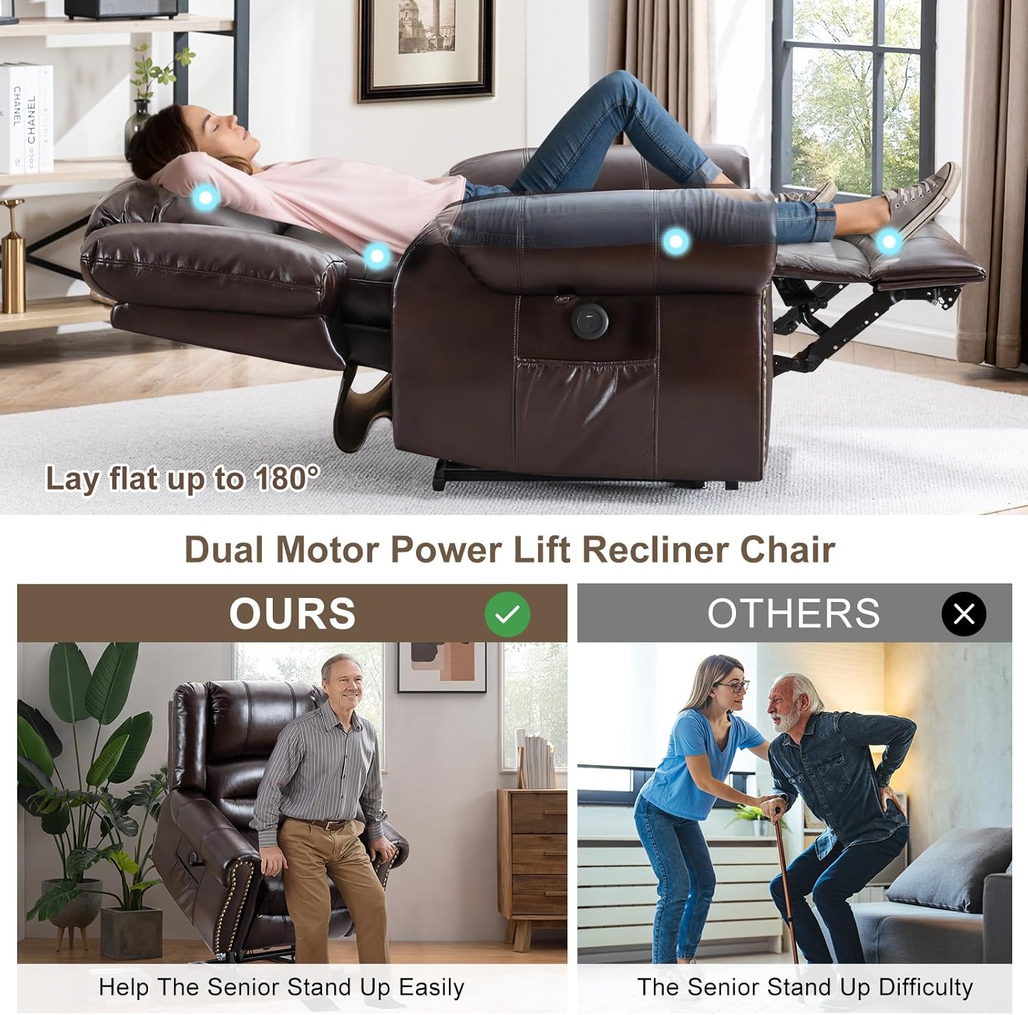 Lay Flat Dual Motor Power Lift Recliner Chair with Massage and Heat for Elderly, Breathable Leather Overstuffed Lift Chairs, Infinite Position Recliner Chairs for Sleeping, 2PCS Brown