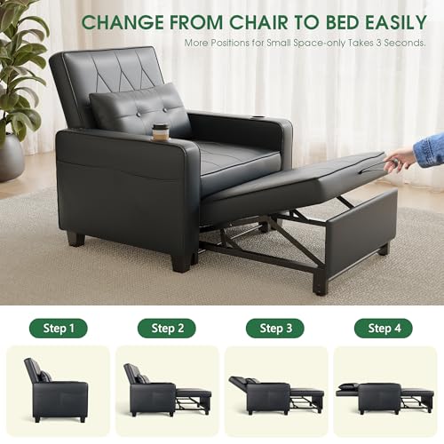 3-in-1 Convertible Sofa Chair Bed, Pull Out Leather Recliner Sleeper Sofa Chair Bed Couch with Cup Holders, USB & Type C Port,Side Pockets, Perfect for Living Room,Bedroom,Office (Black)