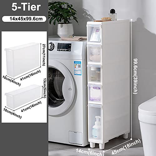 Narrow Tall Floor Cabinet for Bathroom, Vertical Storage Unit with 4 Clear Drawers and Casters, Slim Freestanding Narrow Dresser Tower Storage Drawer Cart, 14cm/22cm Width, Assembly Free