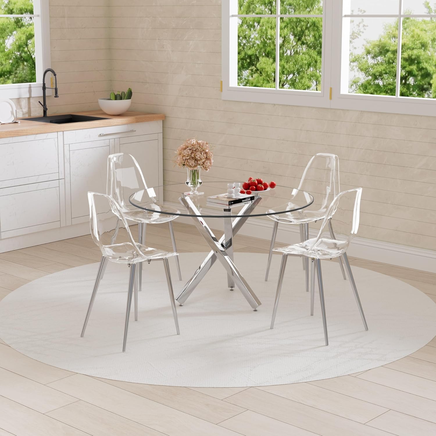 Baysitone Round Glass Dining Table Set for 4, 47'' Circle Dining Table Set, Durable Glass Dining Room Table Set with 4 Clear Acrylic Chair, Kitchen Table Chairs Set with Square Base for Home