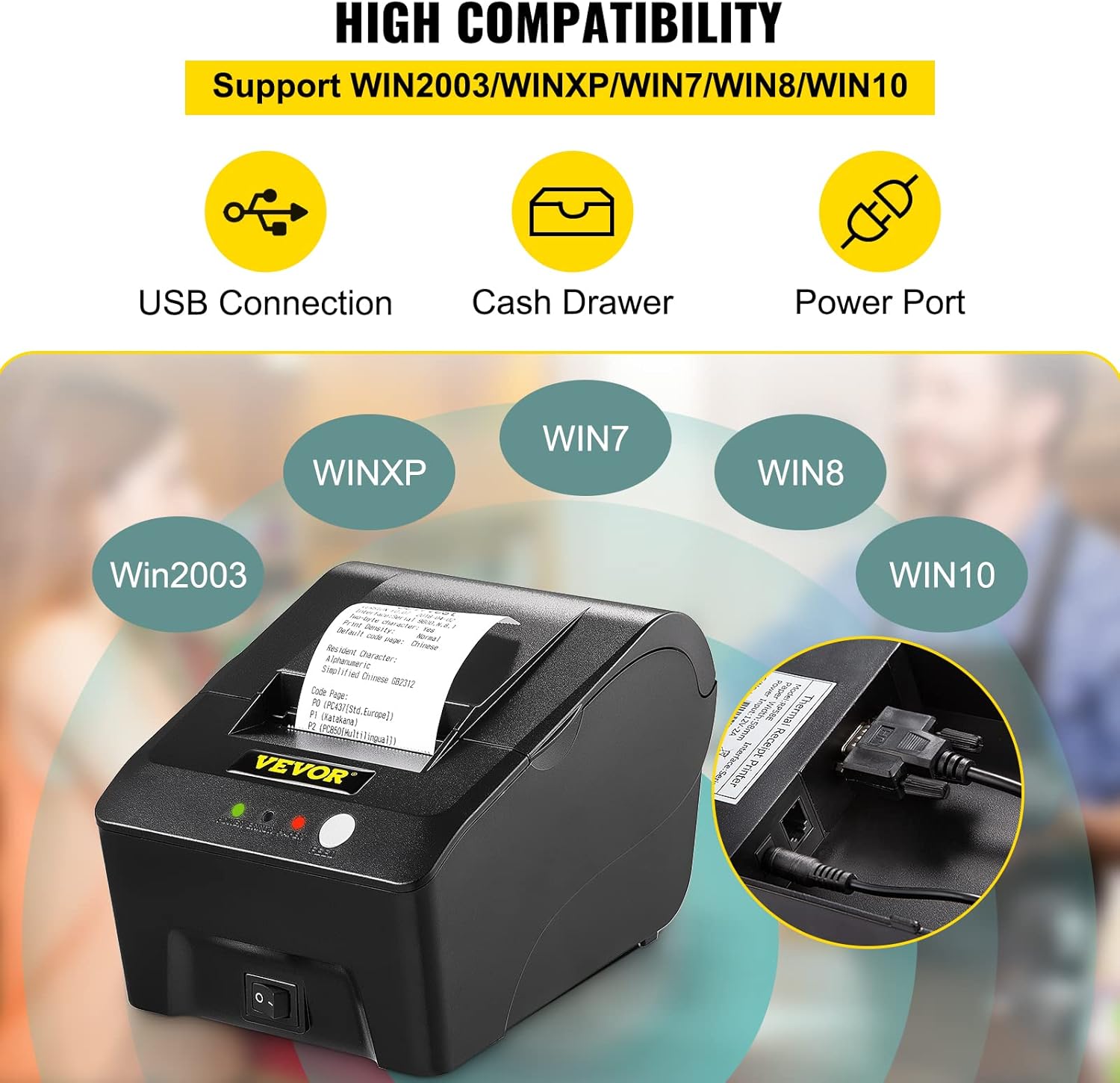 VEVOR Printer Receipt, 58mm Thermal Printer, USB Port Printer, ESC/POS Command Thermal Receipt Printer, Portable for Bank, Supermarket, Office, Restaurant Support Win 2003/XP/7/8/10 & Cashbox Driver
