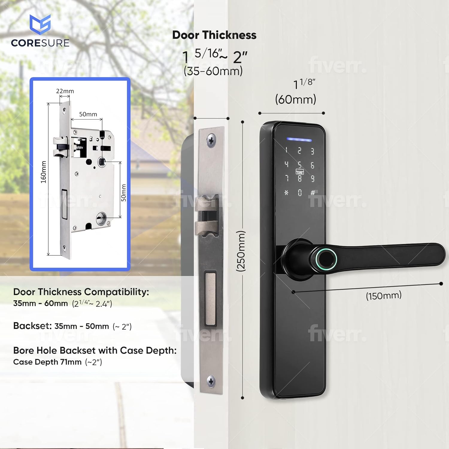 CoreSure Smart Keyless Entry Door Lock - Fingerprint Electronic Deadbolt Door Lock, Auto Locking, Smart Door Lock and Password Card - Compatible with Tuya Smart Home App for Remote Access