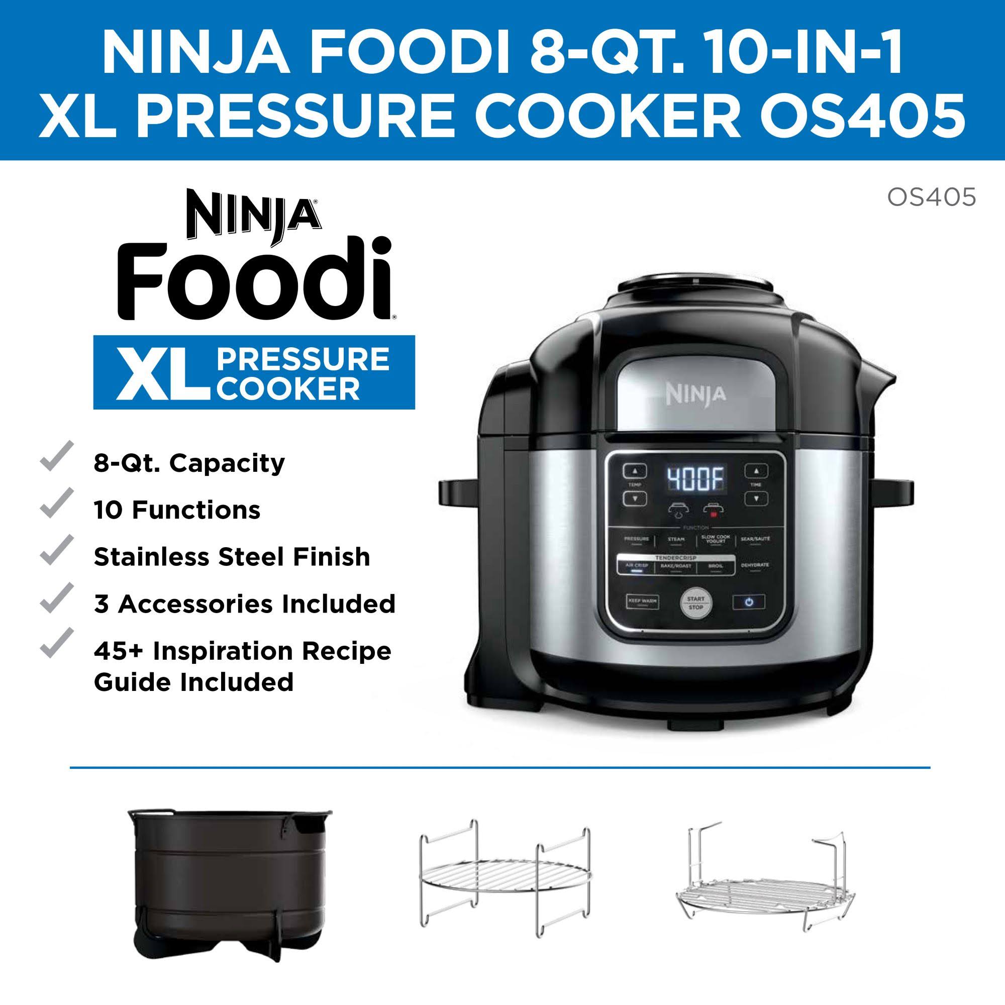 Ninja Foodi 10-in-1 8 Quart XL Pressure Cooker Air Fryer Multicooker, Stainless, os405