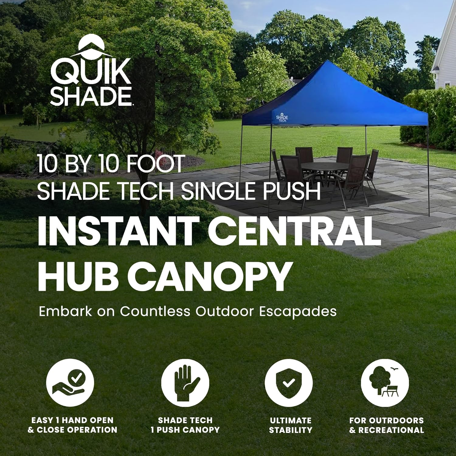 Quik Shade 10' x 10' Durable Pop Up Canopy Tent, Easy 1-Person Setup with 1-Button Push, Instant Portable Outdoor Shelter Shade Tent for 12, Blue