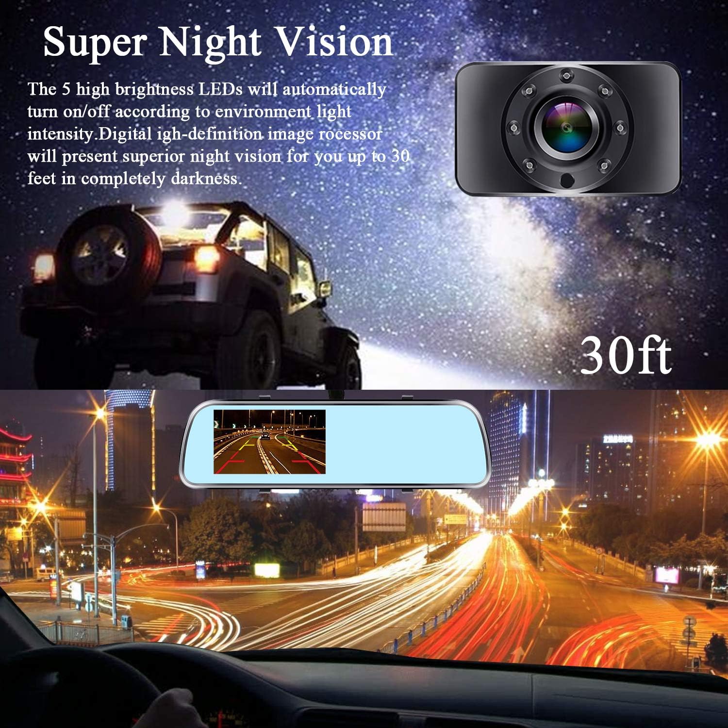 Backup Camera for Car 4.3'' Monitor License Plate Rear View Mirror Camera, HD 1080P Easy Installation System for Cars, Trucks, Minivans, SUVs, LED Lights Clear Night Vision - AMTIFO A1