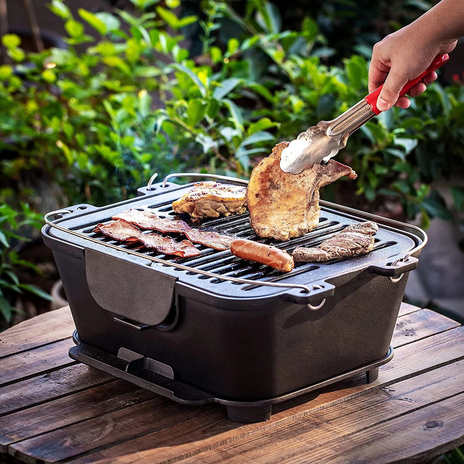 Bruntmor Pre-Seasoned Hibachi-Style Portable Cast Iron Charcoal Rectangle BBQ Grill, 14" x 12" Grilling Surface