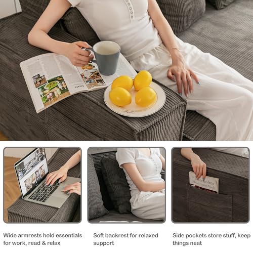 HOMREST 76" Convertible Memory Foam 3-seat Sofa, Pull Out Sleeper Sofa Bed, 2 in 1 Folding Couch Bed, Fold Out Floor Couch Corduroy Fabric with 3 Pillows for Living Room Bedroom Lounge (Grey)