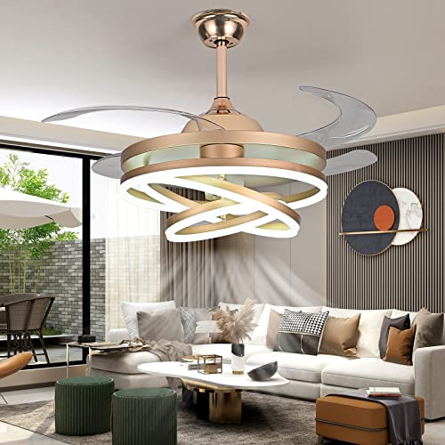 42" Invisible Ceiling Fan Chandelier Light,Modern DIY Ceiling Fan Light Remote Control 4 Retractable ABS Blades for Bedroom Living Dining Room Decoration (42", Gold)