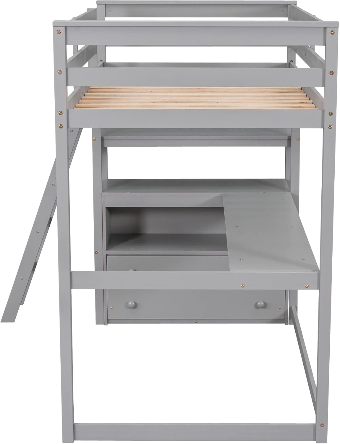 Merax Twin Size Loft Bed with Desk, Shelves and Two Built-in Drawers, Solid Wood Bed Frame for Teens, Grey