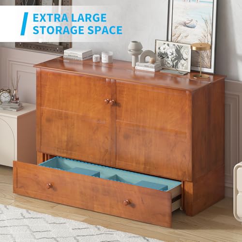 Mjkone Murphy Bed Cabinet, Murphy Bed with Large Storage Drawers，Murphy Bed Queen with Built-in Charging Station, Chest Bed with Mattress,Murphy Cube Chest Bed for Guest Room Bedroom Office, Gray