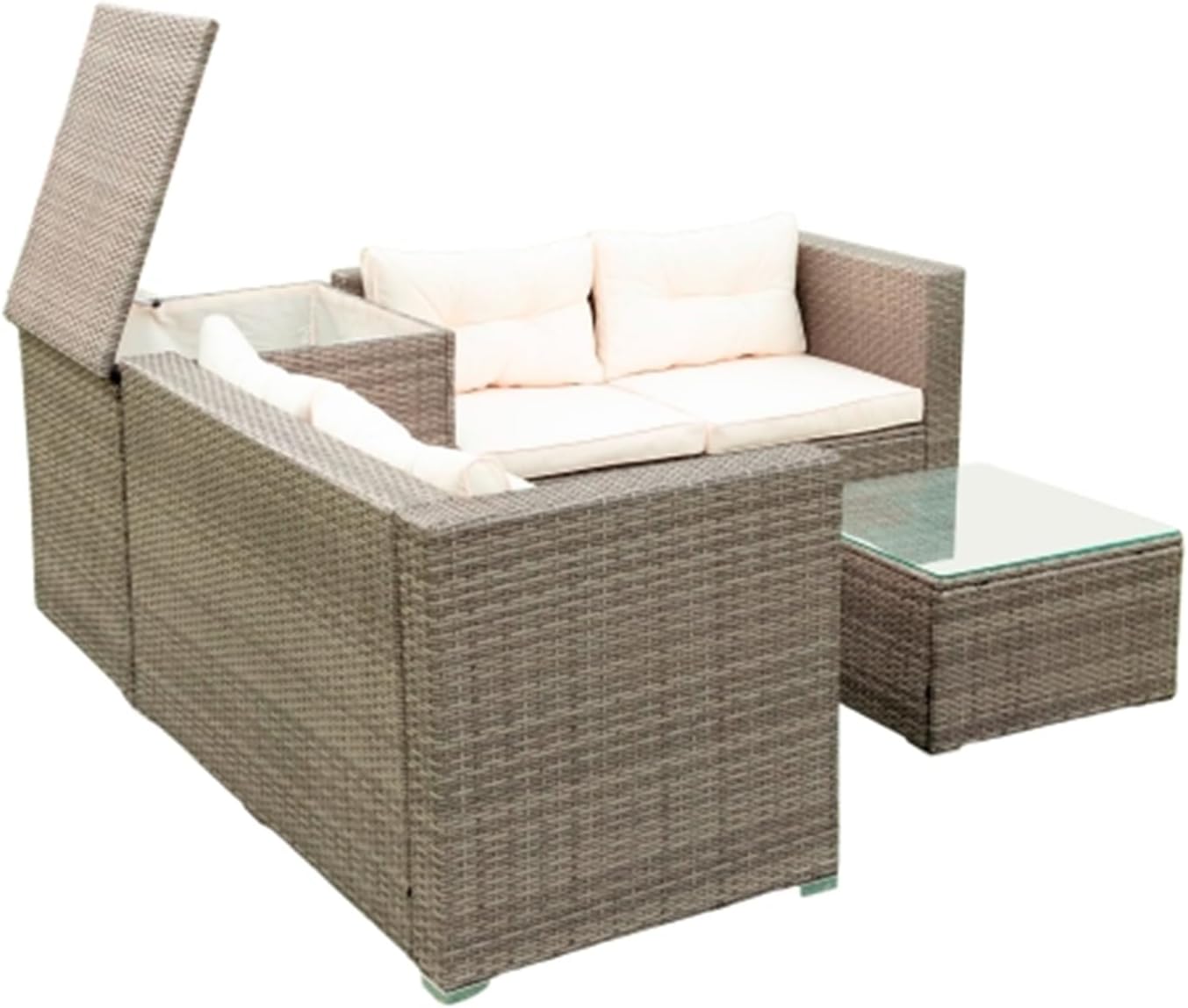 4 Piece Patio Sectional Wicker Rattan Outdoor Furniture Sofa Set with Storage Box - Grey Wicker Creme Cushion