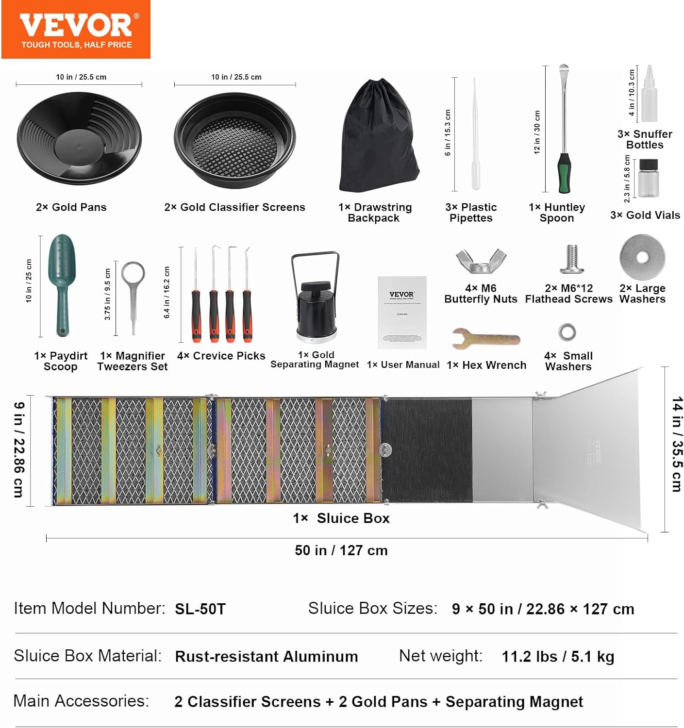 VEVOR 50 Inch Folding Sluice Box Gold Panning Kit, 23pc Gold Prospecting Equipment Kit with Gold Pan, Classifier Screen, Separating Magnet, Backpack and More