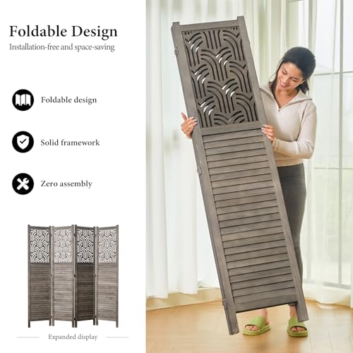 5.6 Ft Room Divider, Wood Carved Wall Divider Indoor Folding Portable Partition Screen for Home Office Garden Terrace - 4 Panel (Gray)