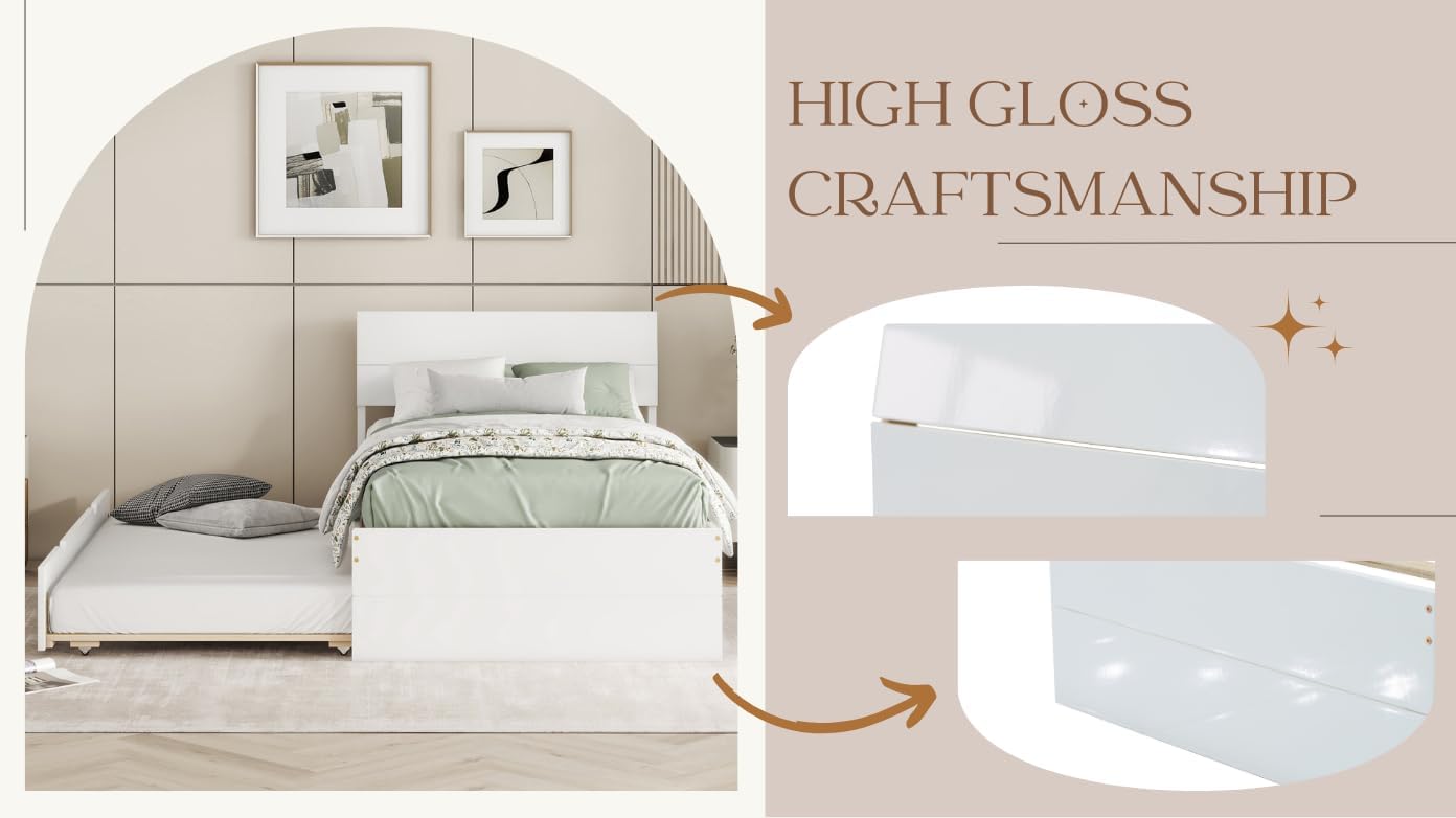 Modern Twin Bed Frame with Twin Trundle for White High Gloss Headboard and Footboard with Washed White Color