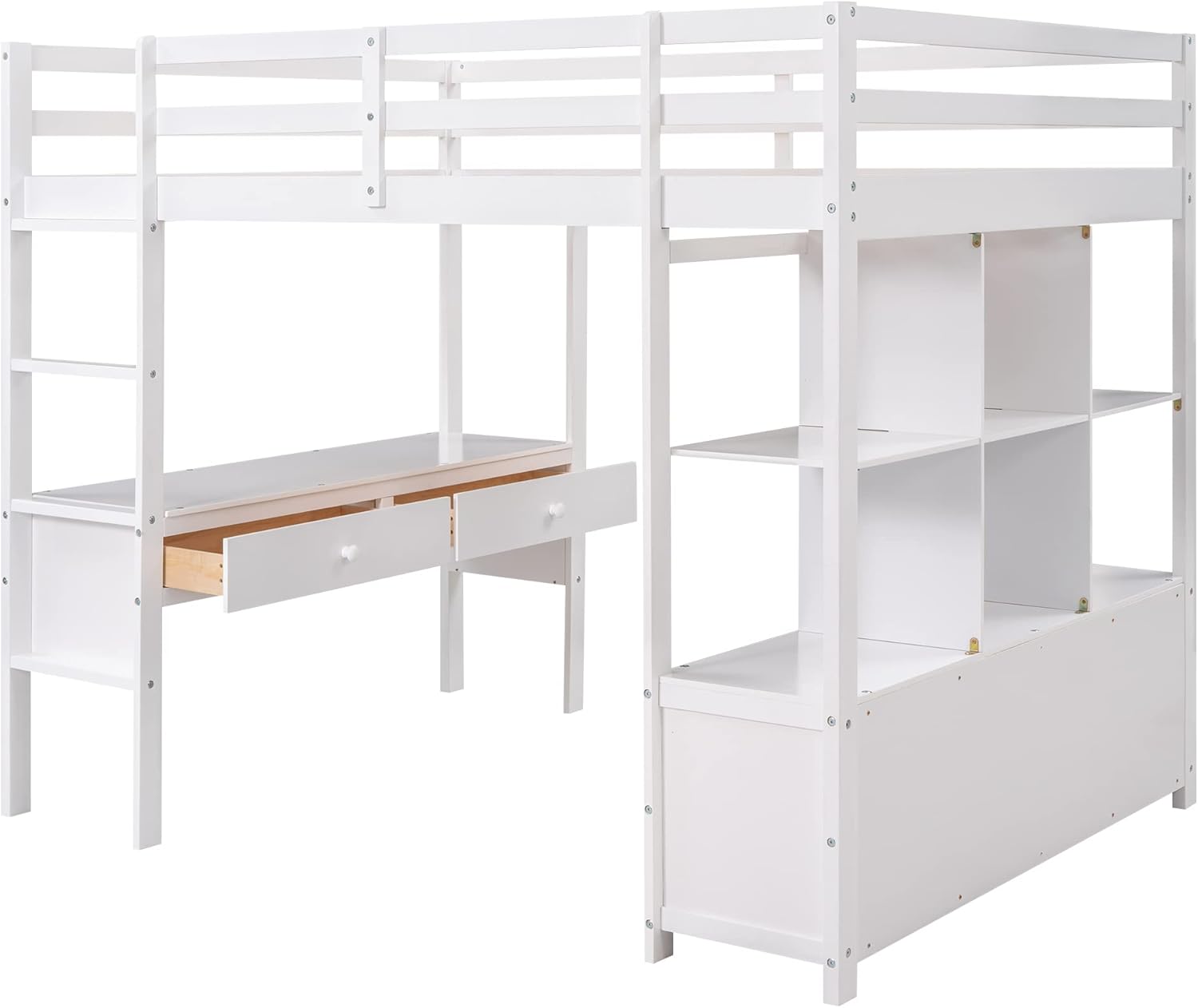 Full Size Loft Bed with Built-in Desk, 2 Drawers and Storage Shelves, Wooden FullLoft Bed Frame with Guardrails for Kids Teens Adults, White