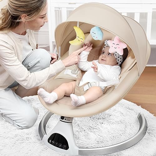 Electric Baby Swings for Infants to Toddler, Portable Babies Rocker Bouncer for Newborn Boy and Girls, Motorized Bluetooth Swing, Music Speaker with 12 Preset Lullabies, Remote Control Pink