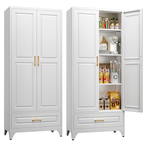 71" Tall Metal Storage Cabinet, Kitchen Pantry Storage Cabinets with Doors and 4 Shelves, White Pantry Cabinet, Utility Kitchen Cupboard, Large Steel Cabinets for Dining Room, Office, Living Room