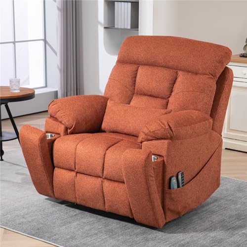 Light Grey Recliner Chair for Elderly | Tall and Big Man 400lbs | Chenille | Power Lift, Lay Flat, Stand Up, Wireless Charging Device, Extended Footrest, Massage Heat, Cup Holder, Lumbar Pillow