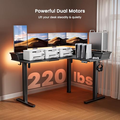 ErGear Electric L Shaped Standing Desk, 65'' Height Adjustable Corner Stand up Desk with Storage Drawers & Cable Management Trays, Modern Home Office Computer Workstation, Black