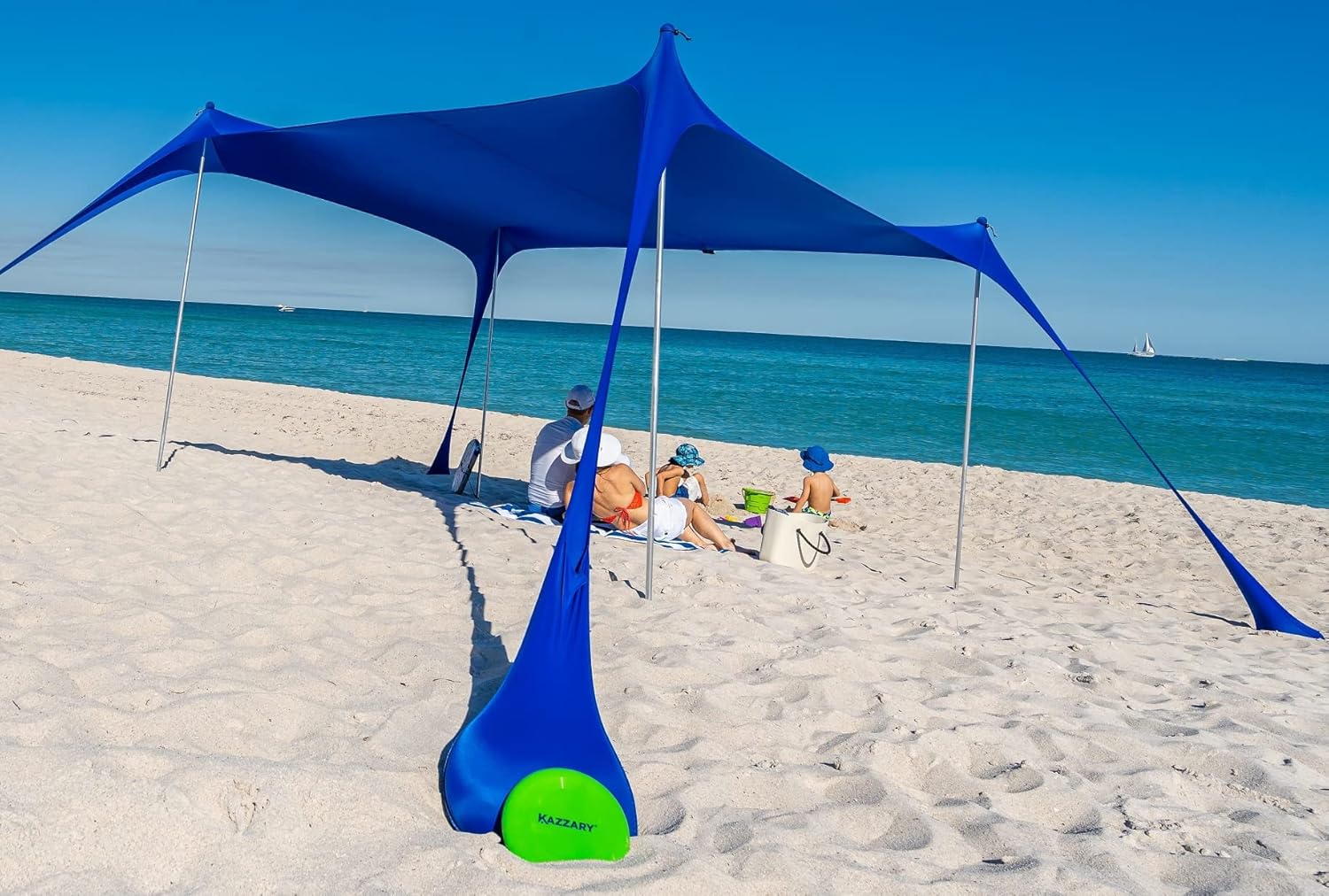 KAZZARY Beach Tent Pop Up Canopy Sun Shelter UPF50+ Lightweight Outdoor Shade with Frisbee Shovel, Ground Pegs and Stability Poles, Portable Set for Family Fun Trips (10 X 10 FT 4 Pole, Bright Blue)