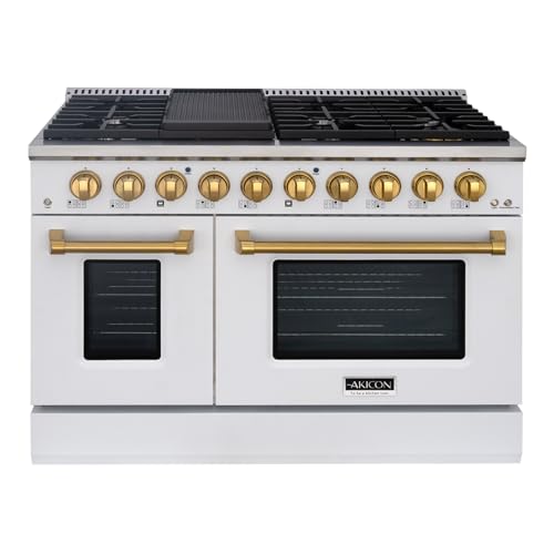 Akicon 48 Inch Freestanding Gas Range - 6.7 cu. ft. Double Rapid Convection Gas Oven with Blue Porcelain Interior - Gas Stove with 8 Sealed Burners & a Griddle, Heavy Duty Cast Iron Grates