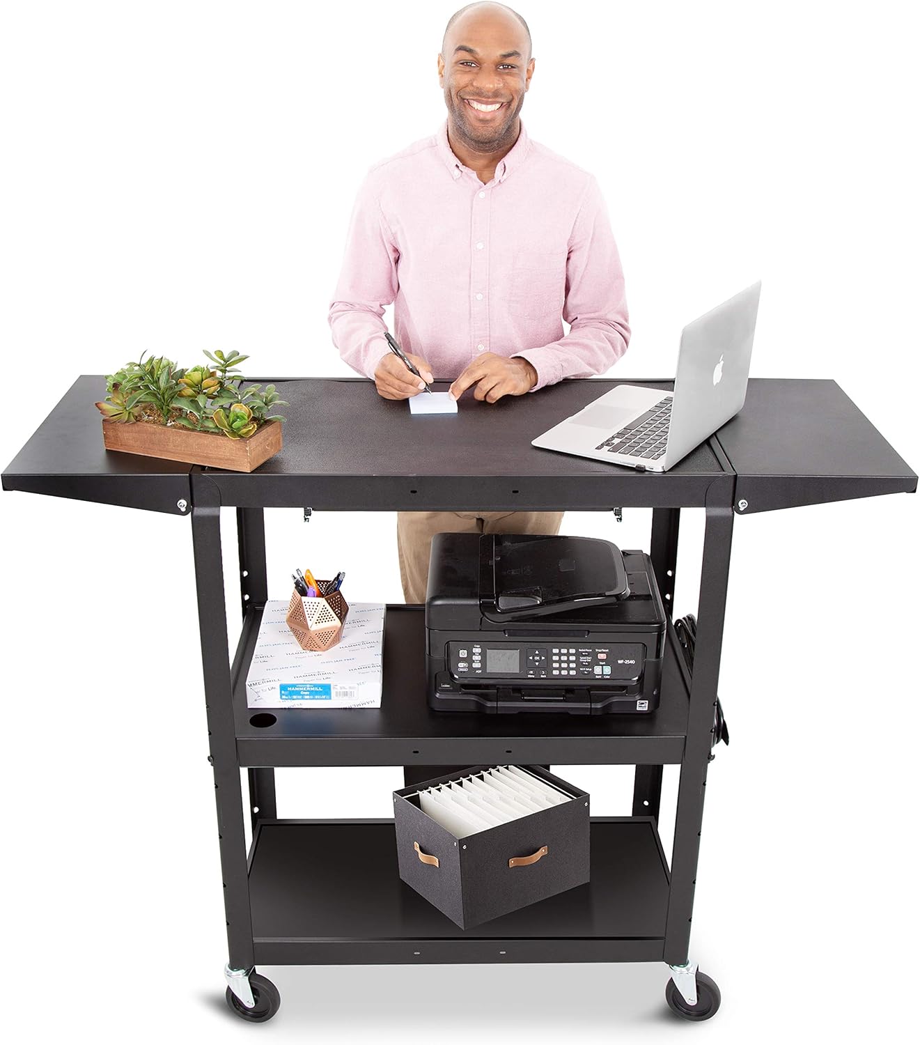 Line Leader Large AV Cart with Drop Leaves | Height Adjustable Utility Cart | Includes Pullout Keyboard Tray & Cord Management | Easy Assembly (54in x 18in x 42in / Black)