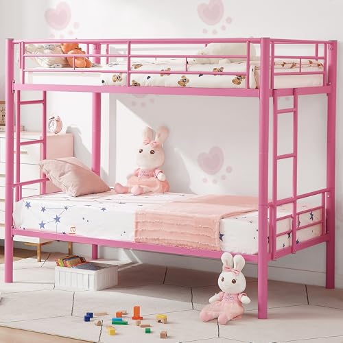 VECELO Metal Loft Bed Twin Size, Heavy Duty Bedframe with Removable Ladder and Safety Guardrail, Space-Saving, Noise Free, No Box Spring Needed, Off White
