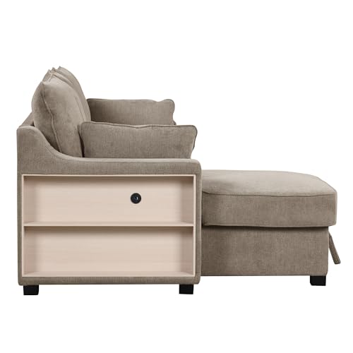 90" Pull Out Sleeper Sofa for Living Room, L-Shaped Couch Convertible Sofa Bed with Storage Chaise, Storage Racks and USB Ports, Space-Saving Design (Light Brown)
