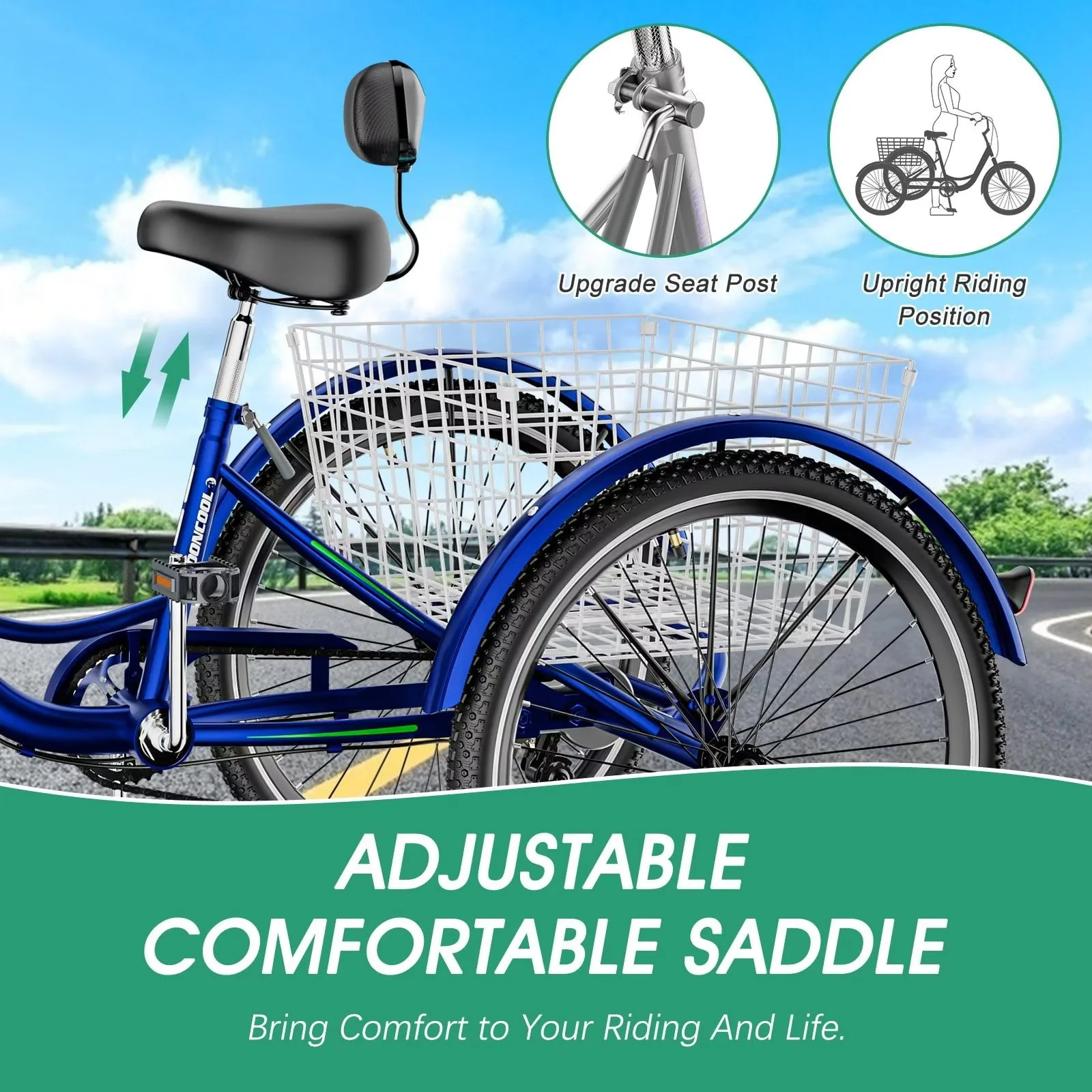 MOPHOTO Adult Tricycle for Seniors,Low Frame Three Wheel Bikes with Large Basket & Bell (Cyan, 26inch /7-Speed), 3 Wheel Cargo Bicycle,Safe and Durable Trike
