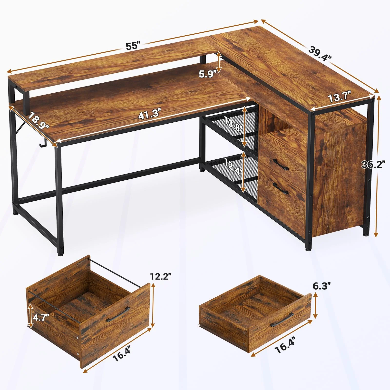 Brown L Shaped Cpomputer Desk with LED Lights and Printer Storage Shelves,55" Home Office Desk with 2 Drawers,Morden Gaming Desk