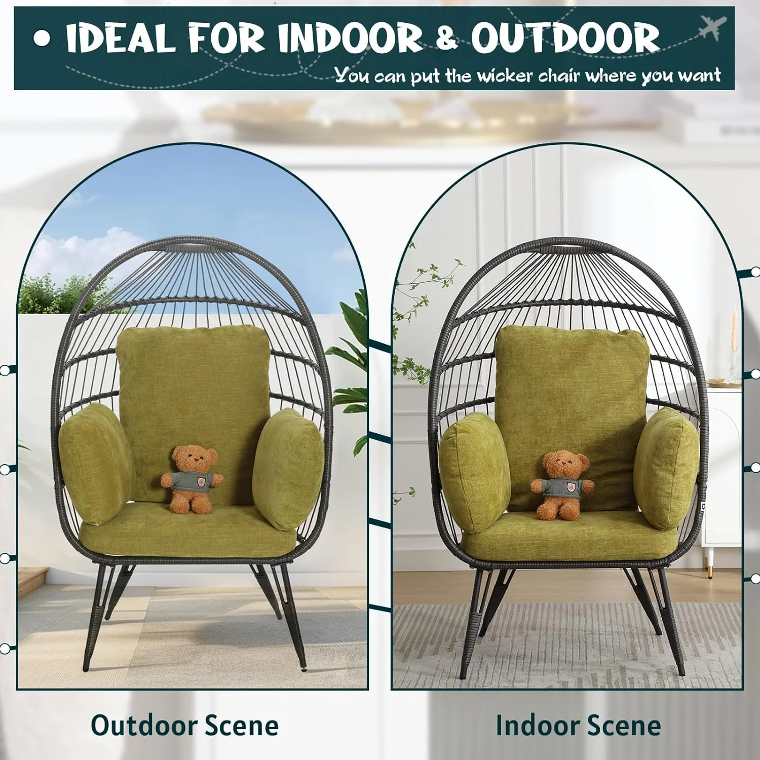 Wicker Egg Chairs Outdoor Set of 2, Oversized Rattan Chairs Indoor with Solid Stand, Comfy Patio Basket Chairs with Soft Cushions, Modern Lounge Chairs with a Cute Toy for Patio, Balcony, White