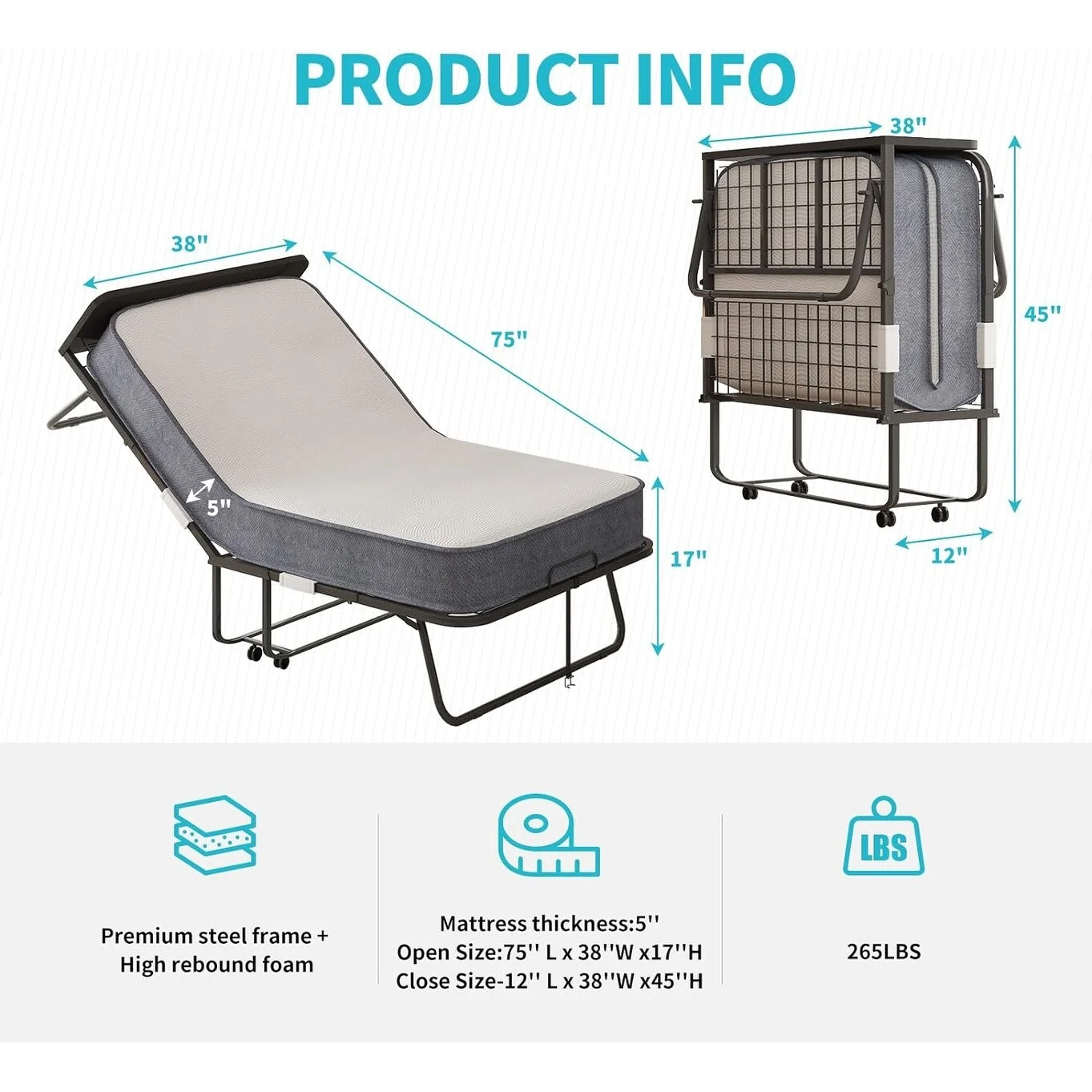 Mixoy Folding Bed with Mattress,Portable Foldable Roll Away Adult Bed for Guest,with Dustproof Bag & Baffle Gray - Twin XL