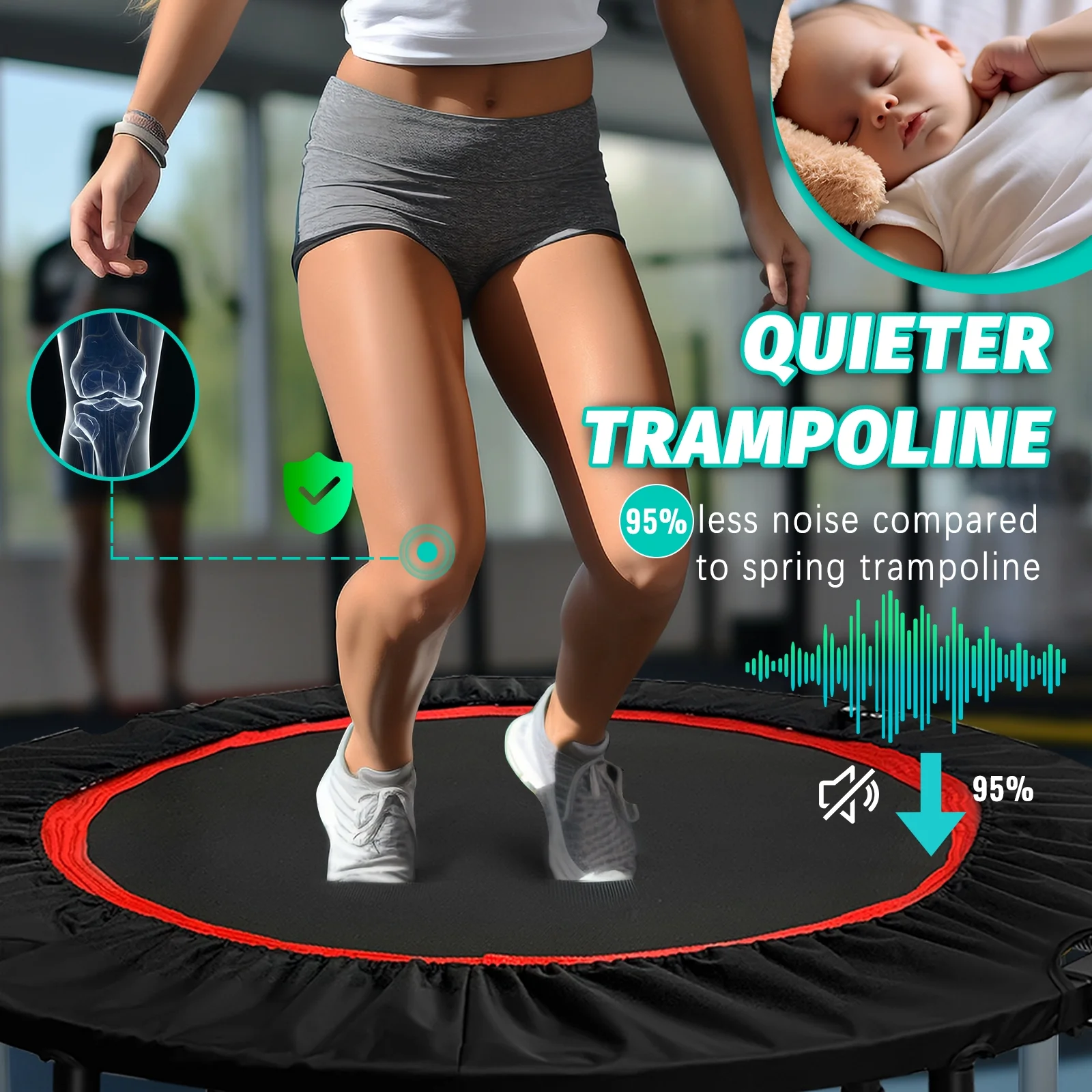 JSTUOKE 40 660lbs Fitness Mini Trampoline, Exercise Rebounder Mini Trampoline for Adults, Foldable with Adjustable Handle and 6 Support Legs