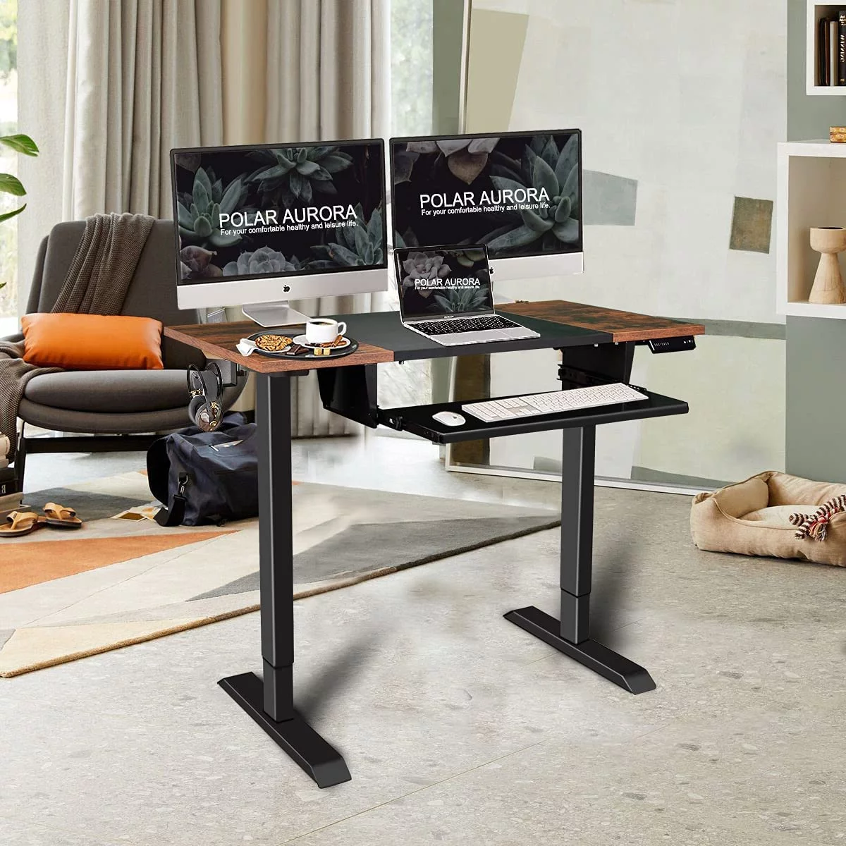 48"x24" Home Office Electric Height Adjustable Standing Desk Sit Stand Computer Workstation w/Drawers, Hook, Memory Preset, T-Shaped Metal Bracket, Splice Board, Black, Rustic Brown