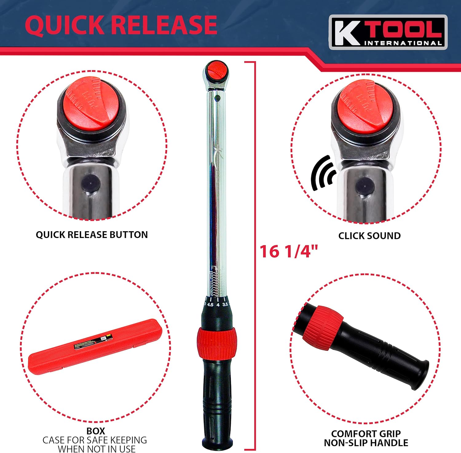 K Tool International - 3/8" Drive Click Style Long Torque Wrench, 10-100 feet/lbs. Capacity, 16-1/4" Long, Durable Strength, Easy to Read Measurements; KTI72143 Pack of 2