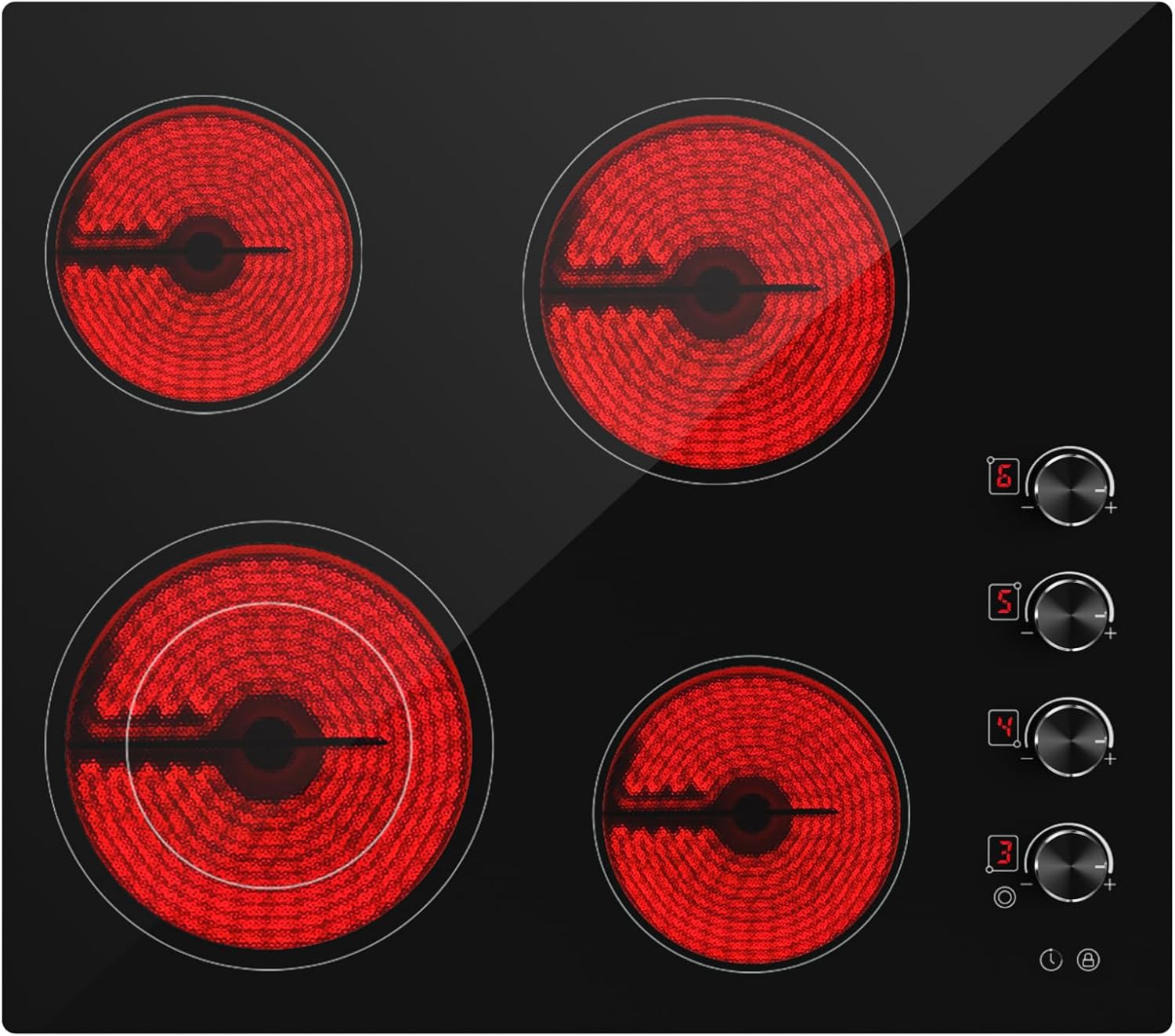 Electric Cooktop 24 inch Ceramic Stove 4 Burners Built-in Electric Stove 220-240V Electric Ceramic cooktop in Black, Control by Knob/Child Lock/9 Power Levels/Timer