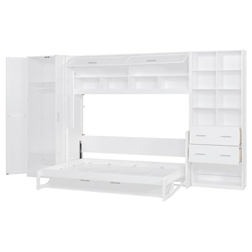 KLMM Wooden Murphy Bed Wall Bed with 2 Wardrobe and Storage Shelf,Foldable Platform Bedframe for Guest-Room Bedroom Study Office Use (White#E, Full)