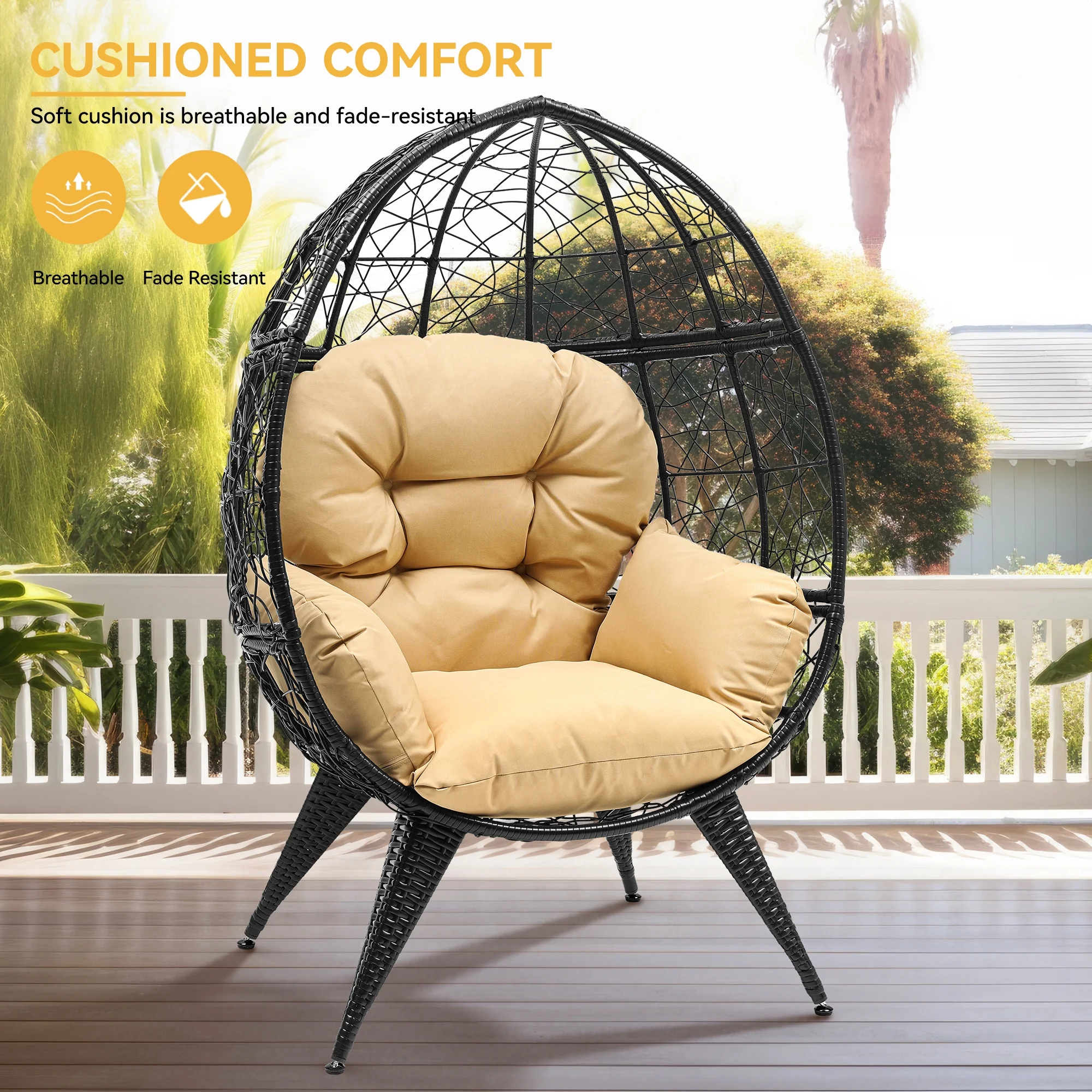 Dextrus Egg Chair Wicker Outdoor Indoor Oversized Large Lounger with Stand Cushion Egg Basket Chair 350lbs Capacity for Patio, Garden Backyard Balcony, Beige