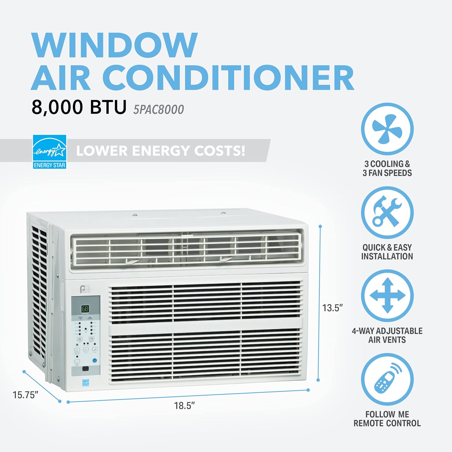 PerfectAire 8,000 BTU 115-Volt Energy Star Window Air Conditioner with Full-Function Remote, Installation Kit, 350 sq. ft.