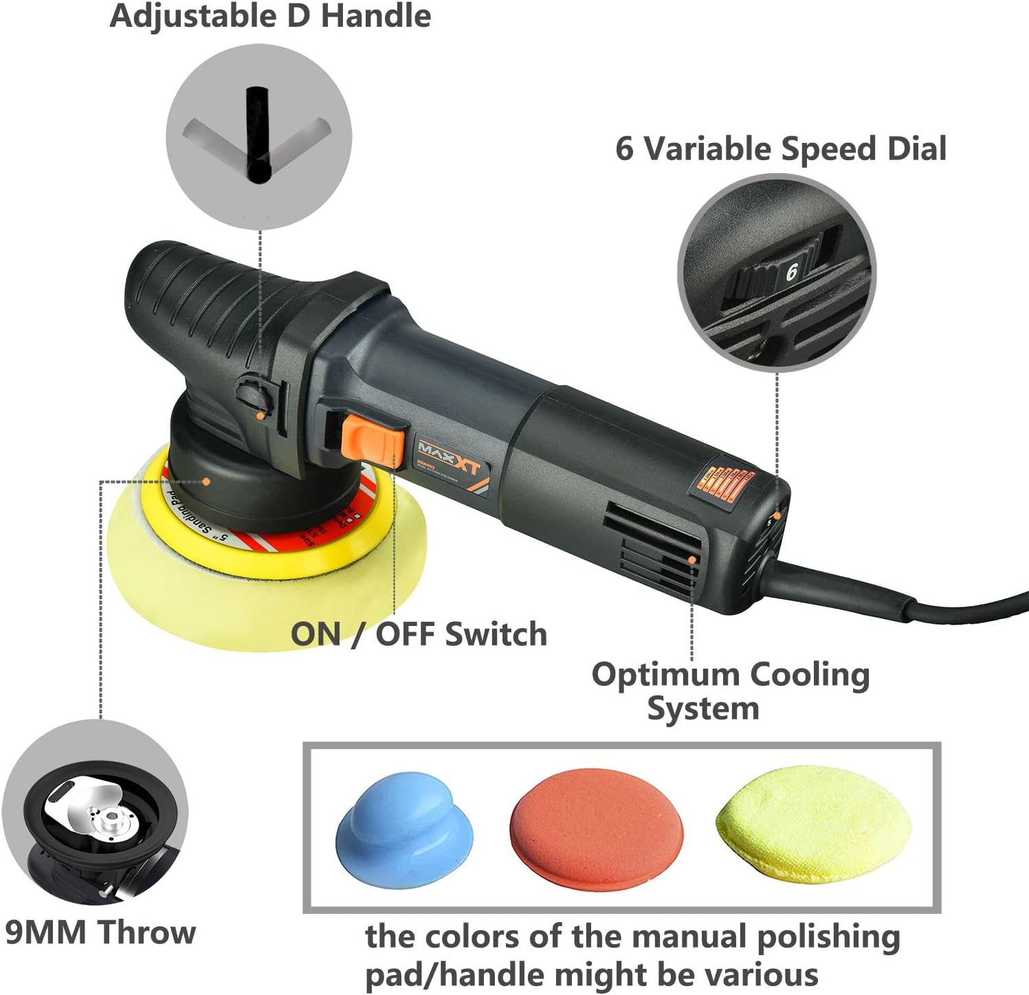 MAXXT Car Buffer Polisher Rotary Variable Speed Car Polishing Machine 7 Inch Car Detailing Kit with D and Side Handle, Woolen fleece hood, Terry polishing bonnet, Sanding discs